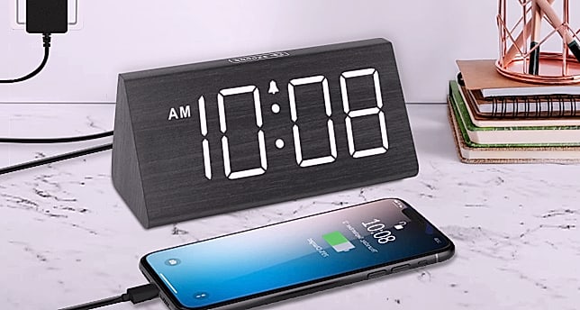 DreamSky Wooden Digital Alarm Clock with USB Charger Port — side view