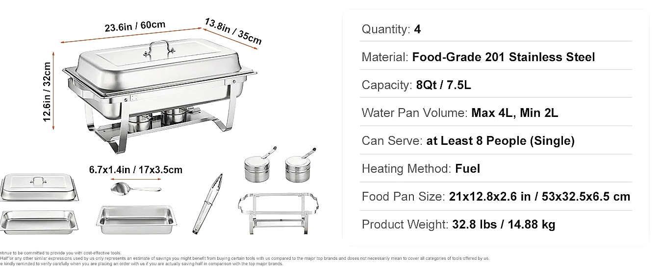 SucceBuy 8QT Rectangle Chafing Dish Buffet Warmer Set — assembled view