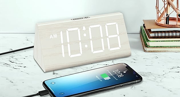 DreamSky Wooden Digital Alarm Clock with USB Charger Port — assembled view