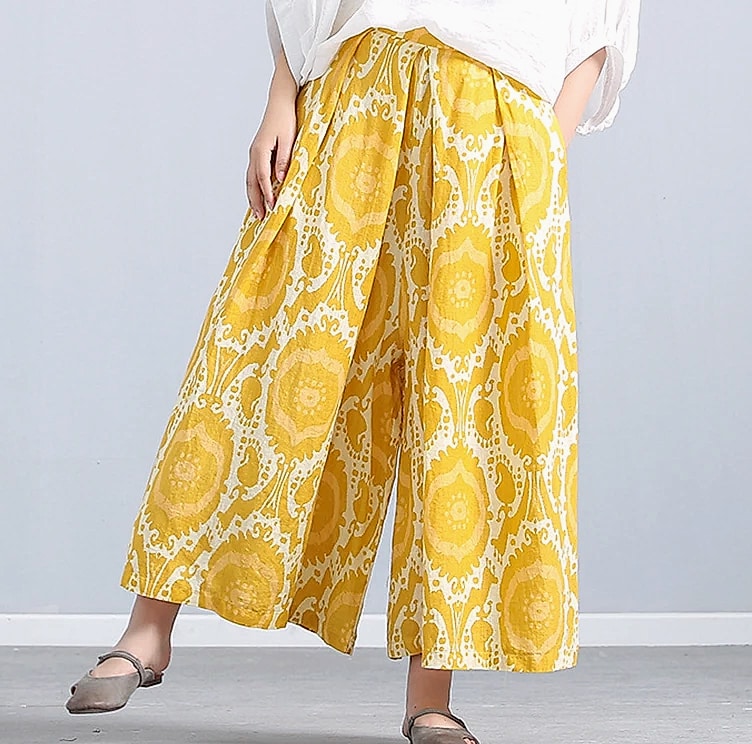Yellow Linen Blend Wide-leg Casual Pants with Elastic Waist — parts overview