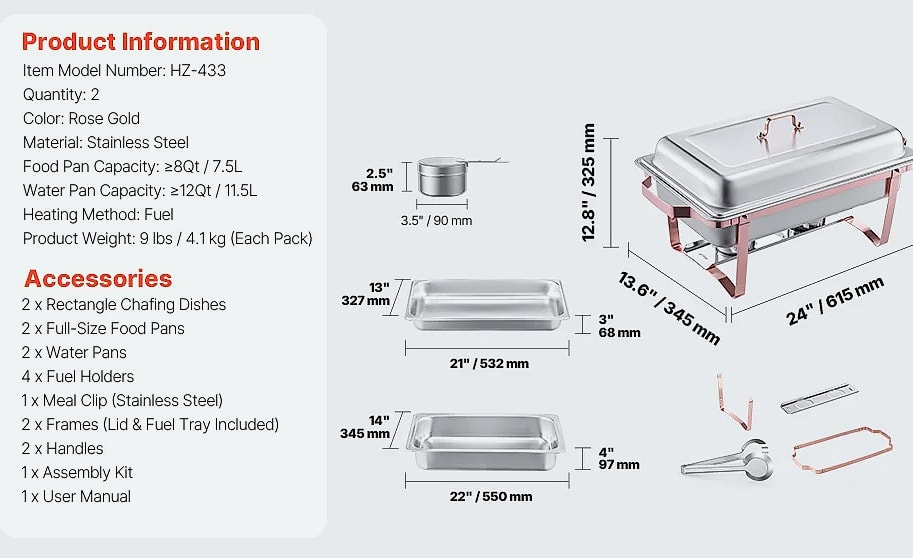 SucceBuy 8QT Rectangle Chafing Dish Buffet Warmer Set — scale reference