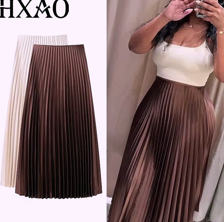HXAO Women's Pleated Midi Skirt Brown Summer — assembled view