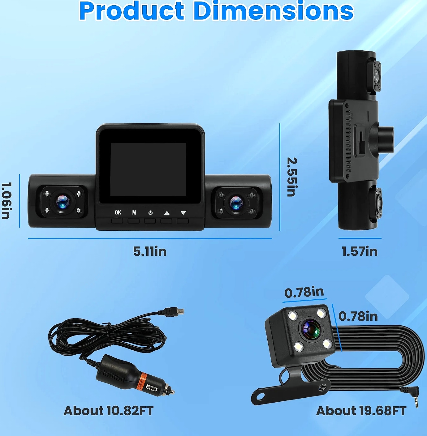 4 Channel 360° Dash Cam System 1080P Front 480P Interior — size comparison