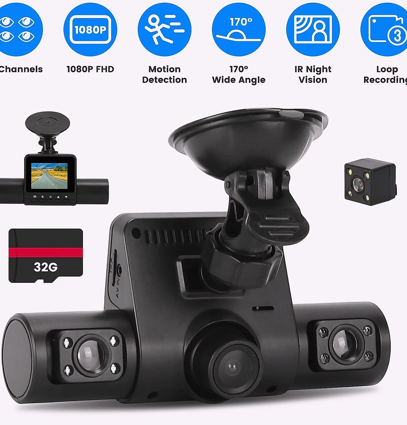 4 Channel 360° Dash Cam System 1080P Front 480P Interior — assembled view