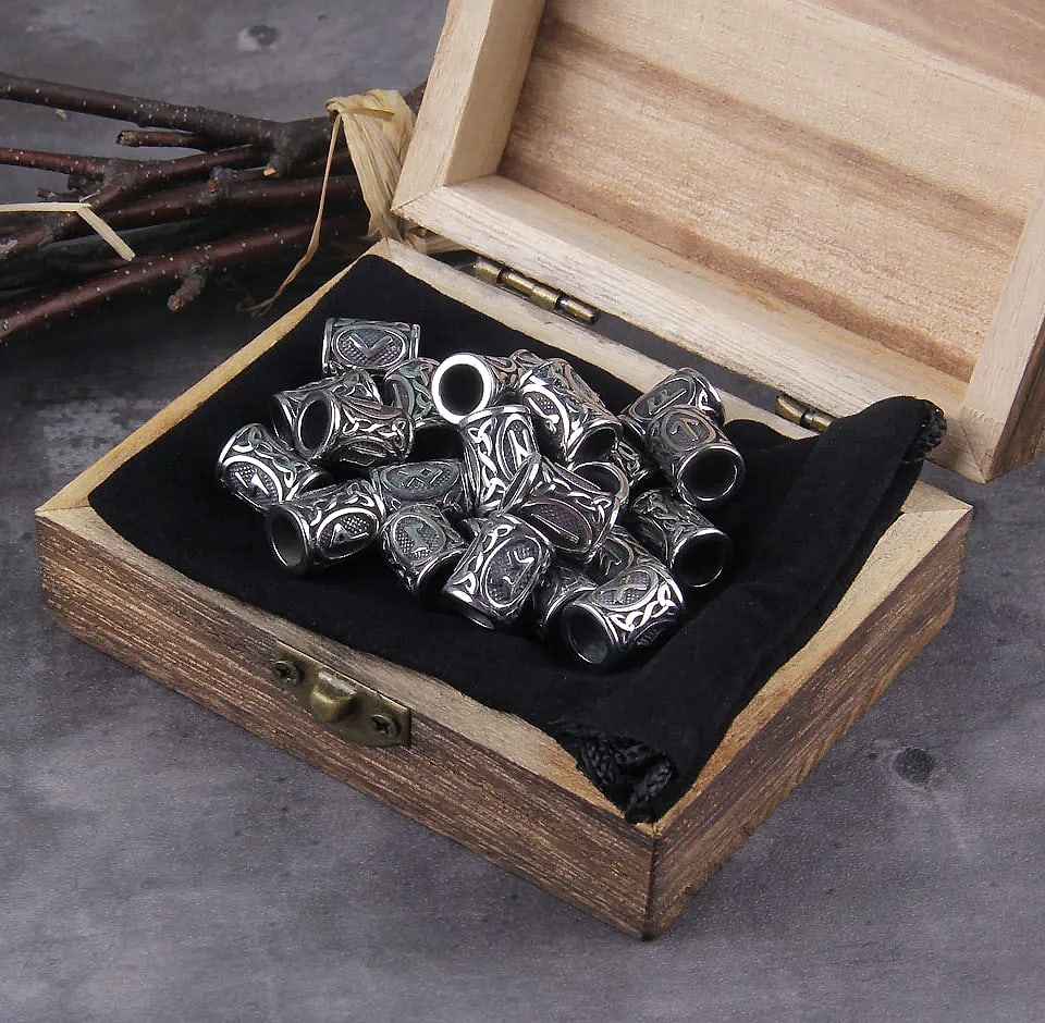Vikings Jewelry Stainless Steel Rune Beads 24-Piece Set — close-up details