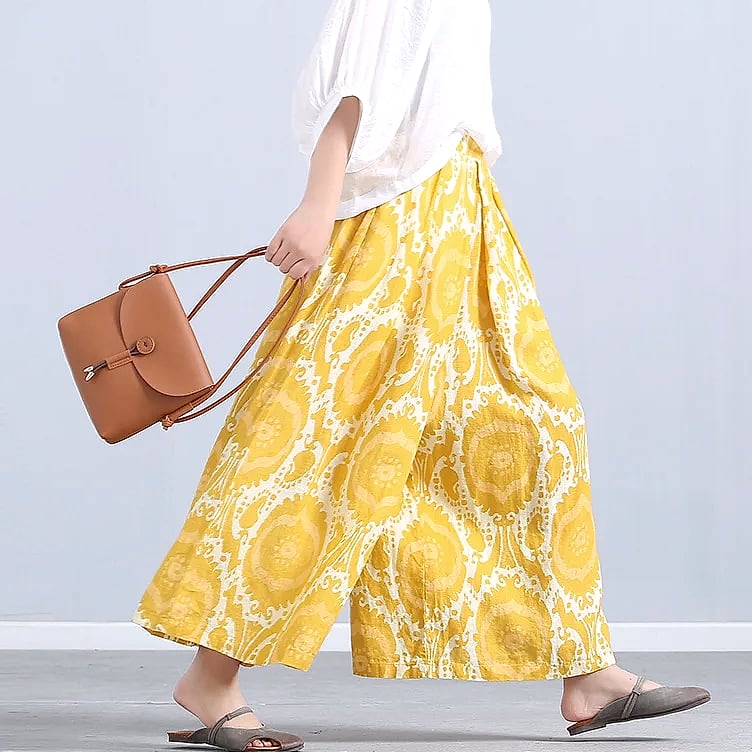 Yellow Linen Blend Wide-leg Casual Pants with Elastic Waist — side view