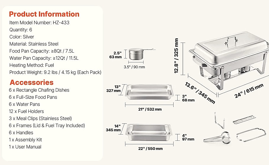 SucceBuy 8QT Rectangle Chafing Dish Buffet Warmer Set — package contents