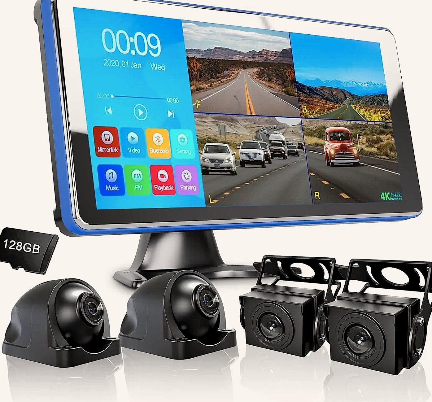 4K Quad Split Dash Cam System with 4 AHD Cameras for RV — package contents