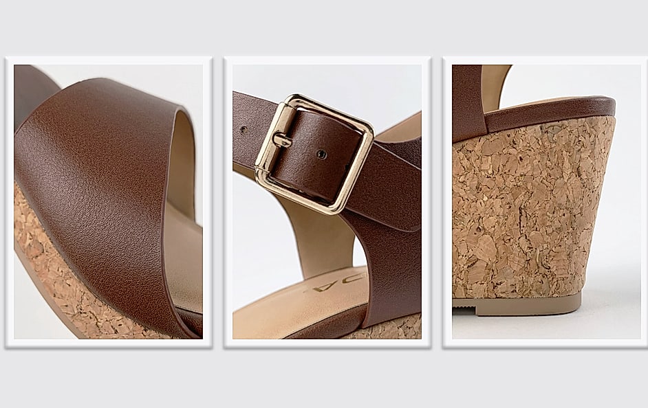 Soda Maple Women's Square Toe Wedge Sandal with Ankle Strap — close-up details