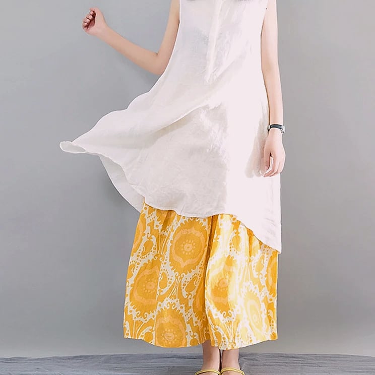 Yellow Linen Blend Wide-leg Casual Pants with Elastic Waist — feature highlights