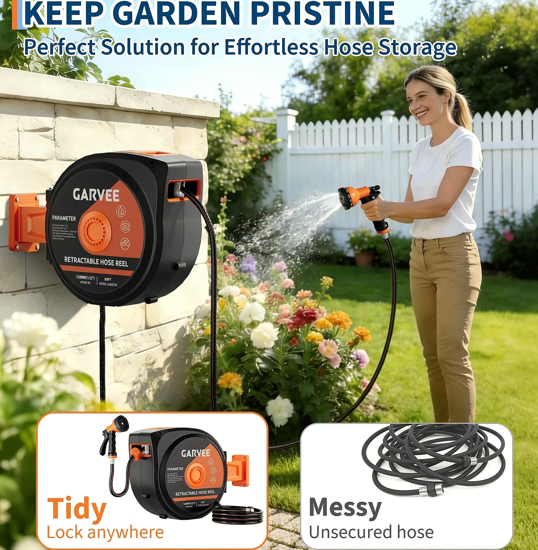 HiMISS Retractable Garden Hose Reel 50FT 100FT 130FT Wall — package contents