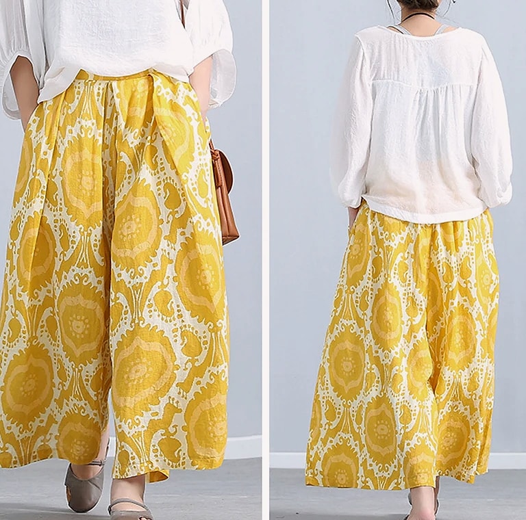 Yellow Linen Blend Wide-leg Casual Pants with Elastic Waist — build progress