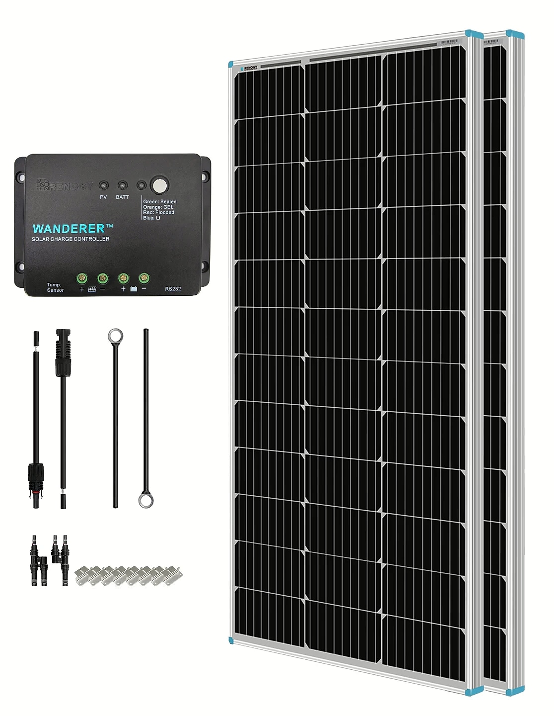 Renogy 200W 12V Solar Panel Kit with 30A PWM Charge — package contents