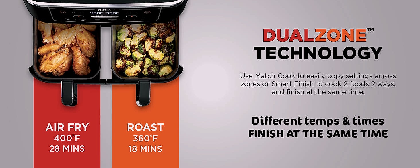 Ninja DZ201 Foodi 8 Quart DualZone Air Fryer with 2 — feature highlights
