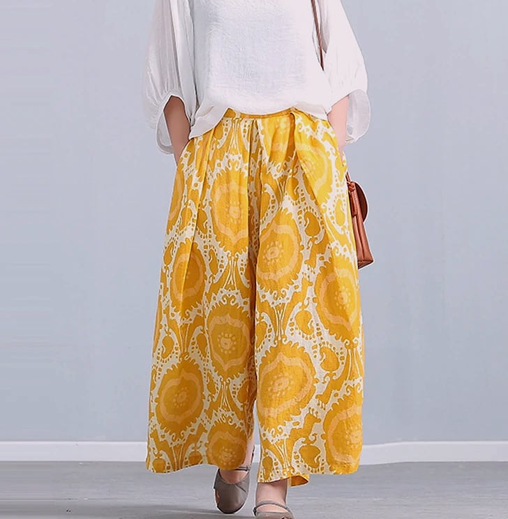 Yellow Linen Blend Wide-leg Casual Pants with Elastic Waist — scale reference