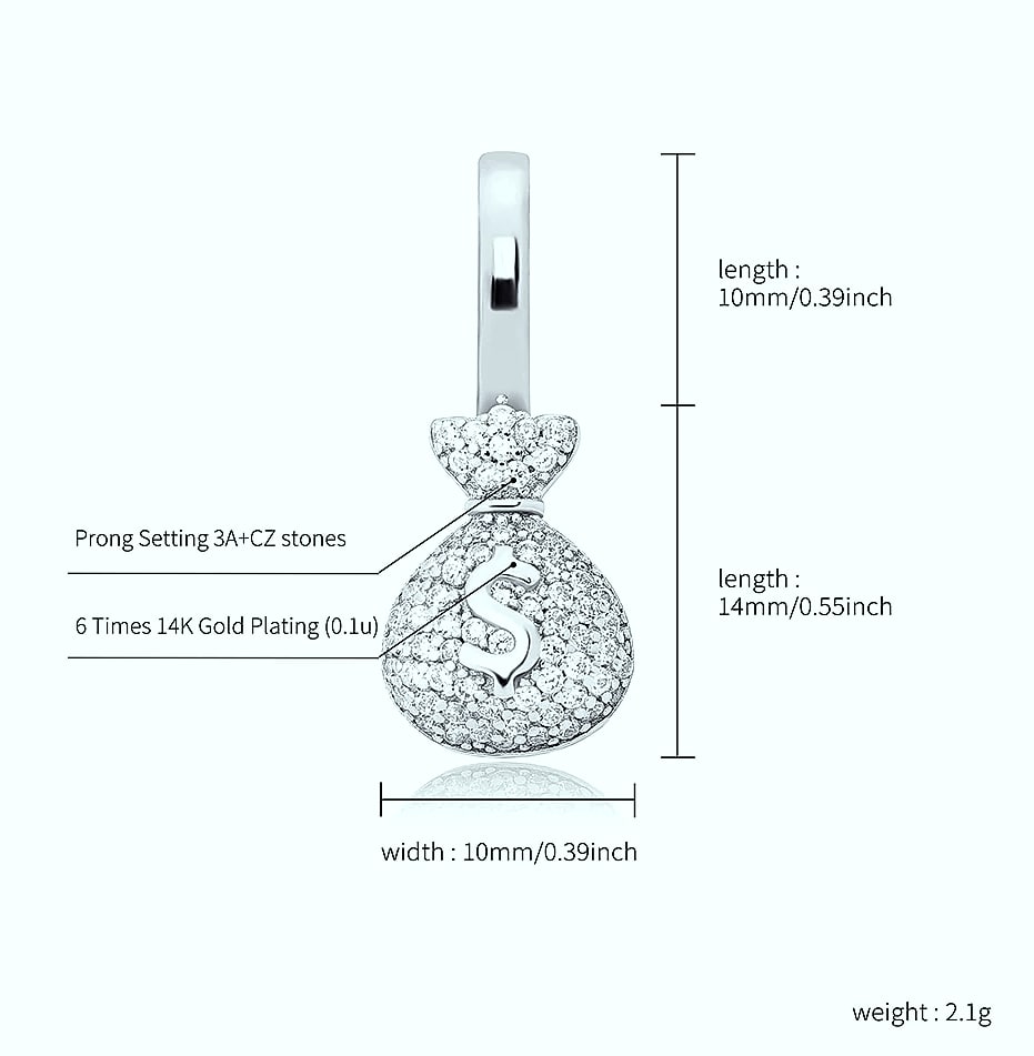 TOPGRILLZ 925 Sterling Silver Money Bag Pendant Box Chain — feature highlights