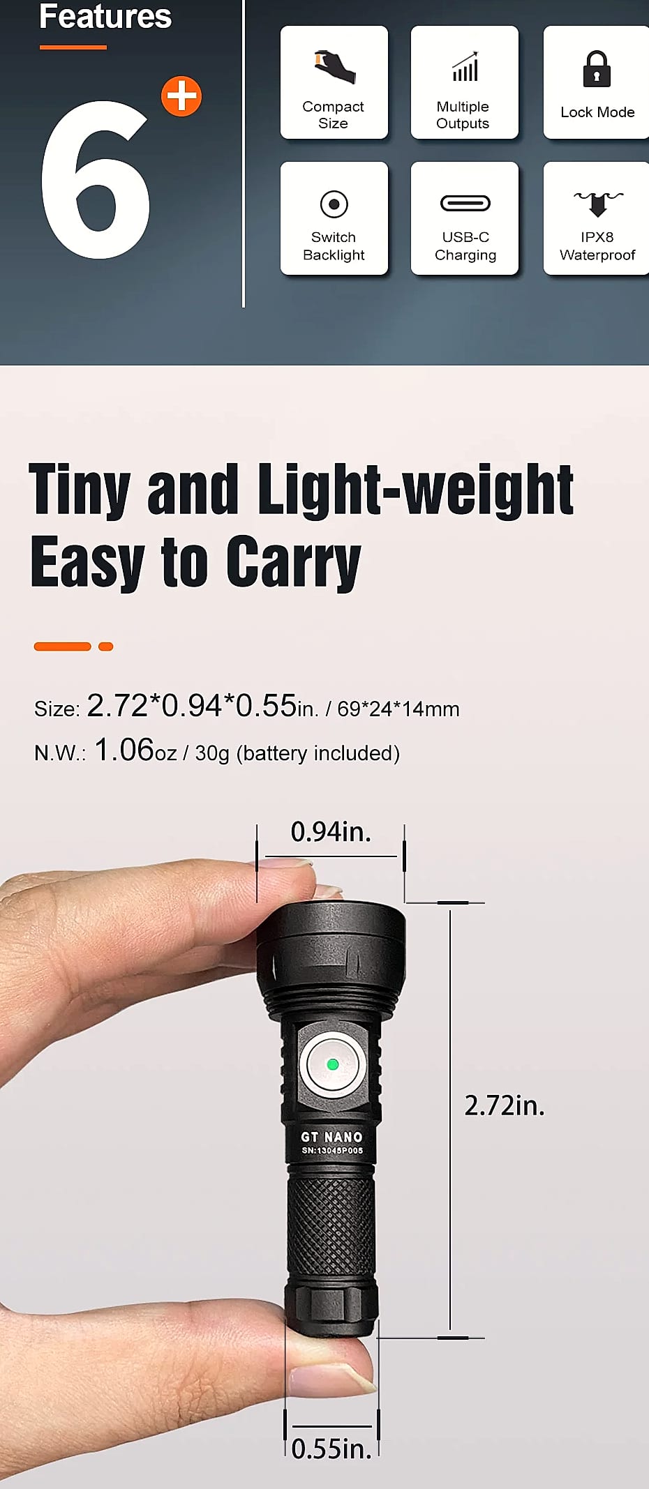 Lumintop GT Nano LED Flashlight 450m Compact Camping Light — assembled view