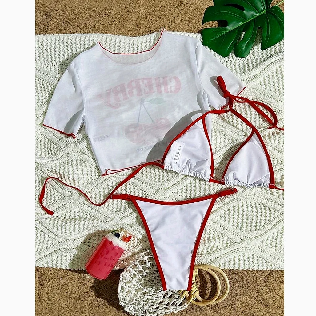 Varleinsar V6854 Cherry Print Three-Piece Bikini Set — close-up details