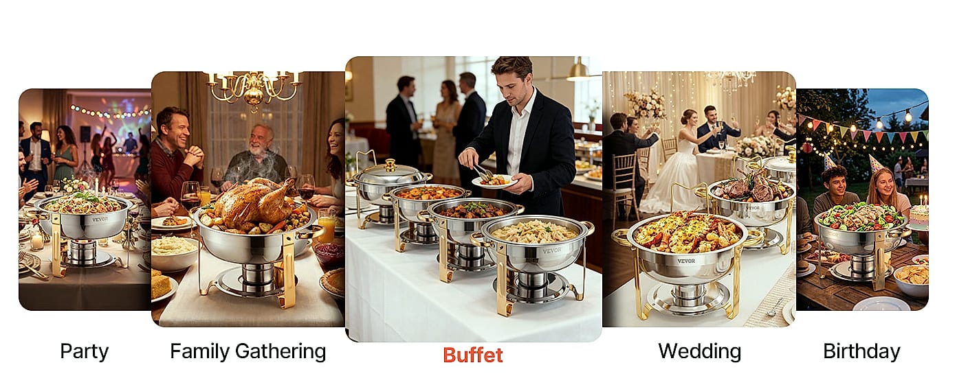 SucceBuy 4-Pack Chafing Dish Buffet Set Stainless Steel — parts overview