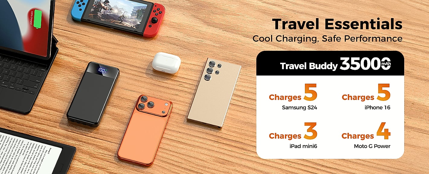 SABANI 35000mAh Power Bank with 4 Built-in Cables — side view