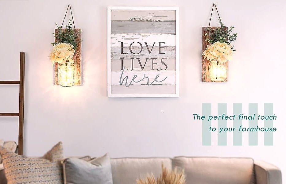 Besuerte Rustic Wooden Wall Sconce with LED String Lights, — close-up details
