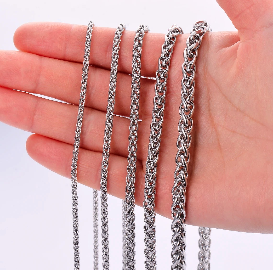 SalaWendy Braided Wheat Chain Necklace Stainless Steel — side view
