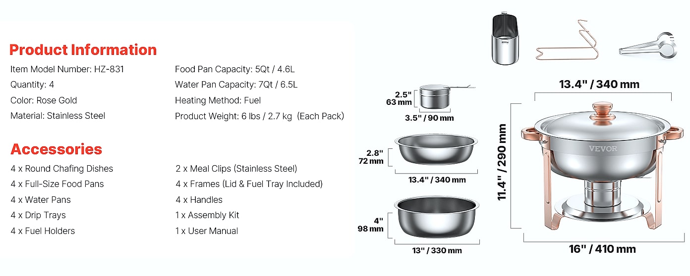 SucceBuy 4-Pack Chafing Dish Buffet Set Stainless Steel — size comparison