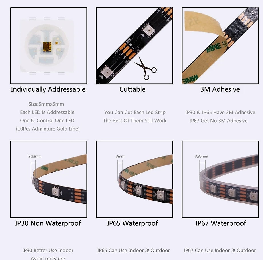 Xnbada WS2812B RGB LED Strip Lights Individually Addressable — feature highlights