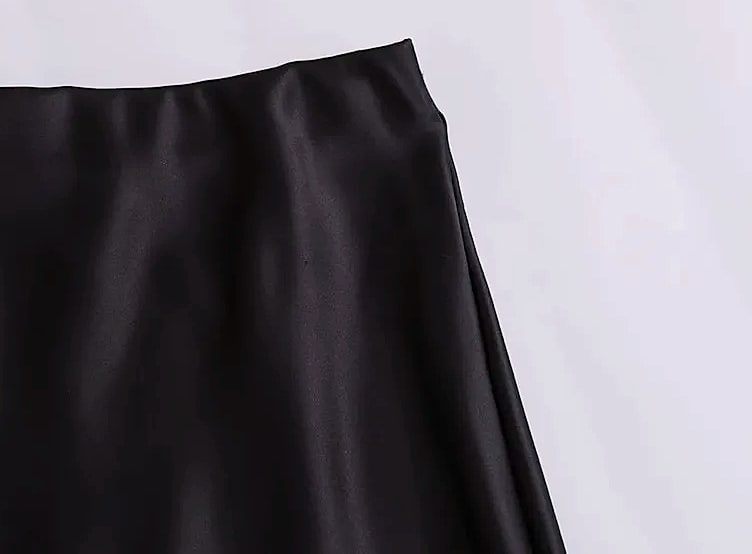 MUJER Woman 2026 Satin Midi Skirt High Waist Black — feature highlights