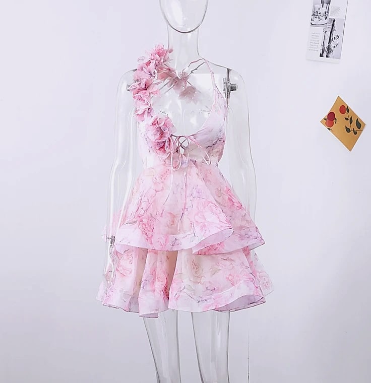 Chic Floral Printed Mini Dress Backless Sleeveless Hem — parts overview