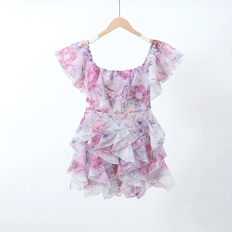 Chic Floral Printed Mini Dress Backless Sleeveless Hem — interior detail