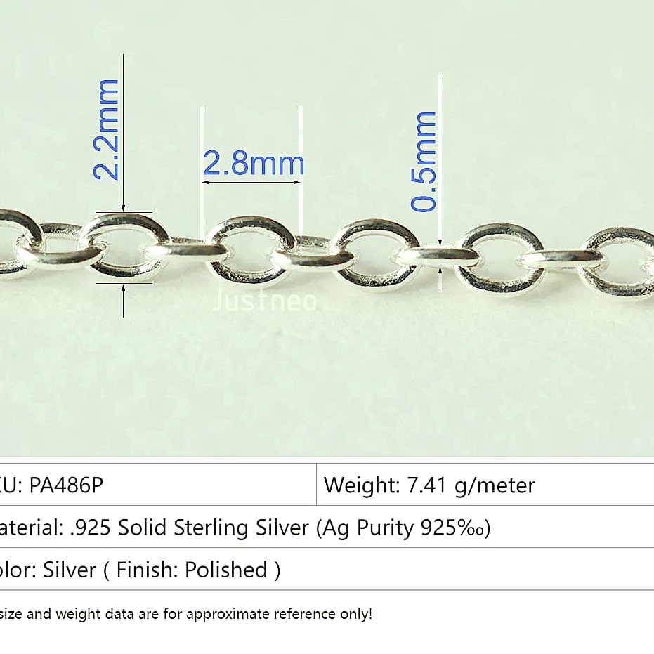 Justneo 925 Sterling Silver Oval Cable Chain 1 meter — close-up details