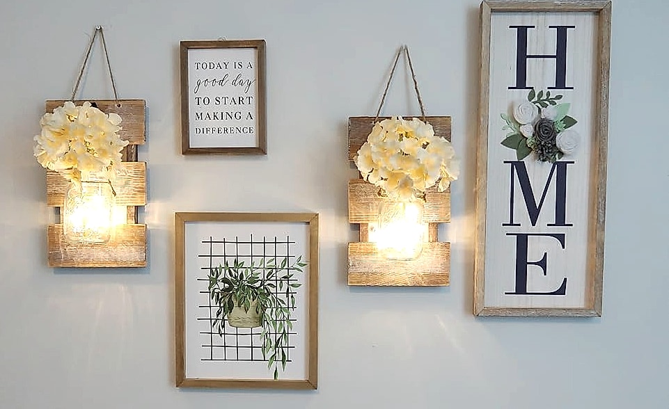 Besuerte Rustic Wooden Wall Sconce with LED String Lights, — assembled view