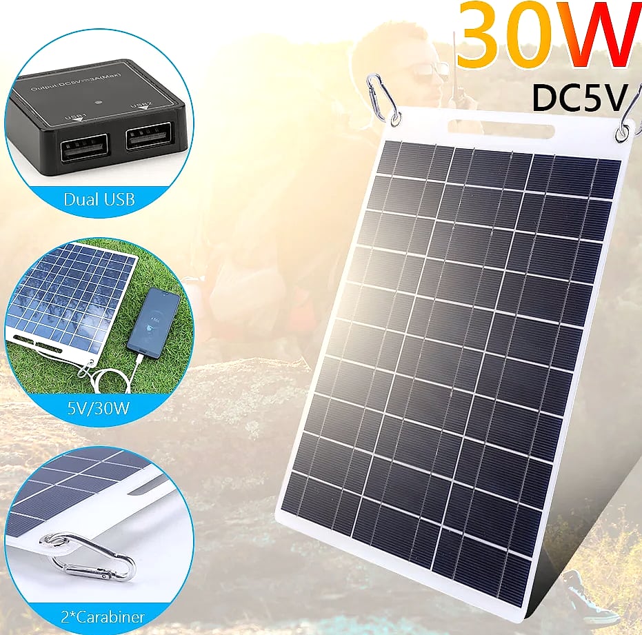 APWIKOGER 30W Solar Panel Portable 5V Phone Charger — package contents