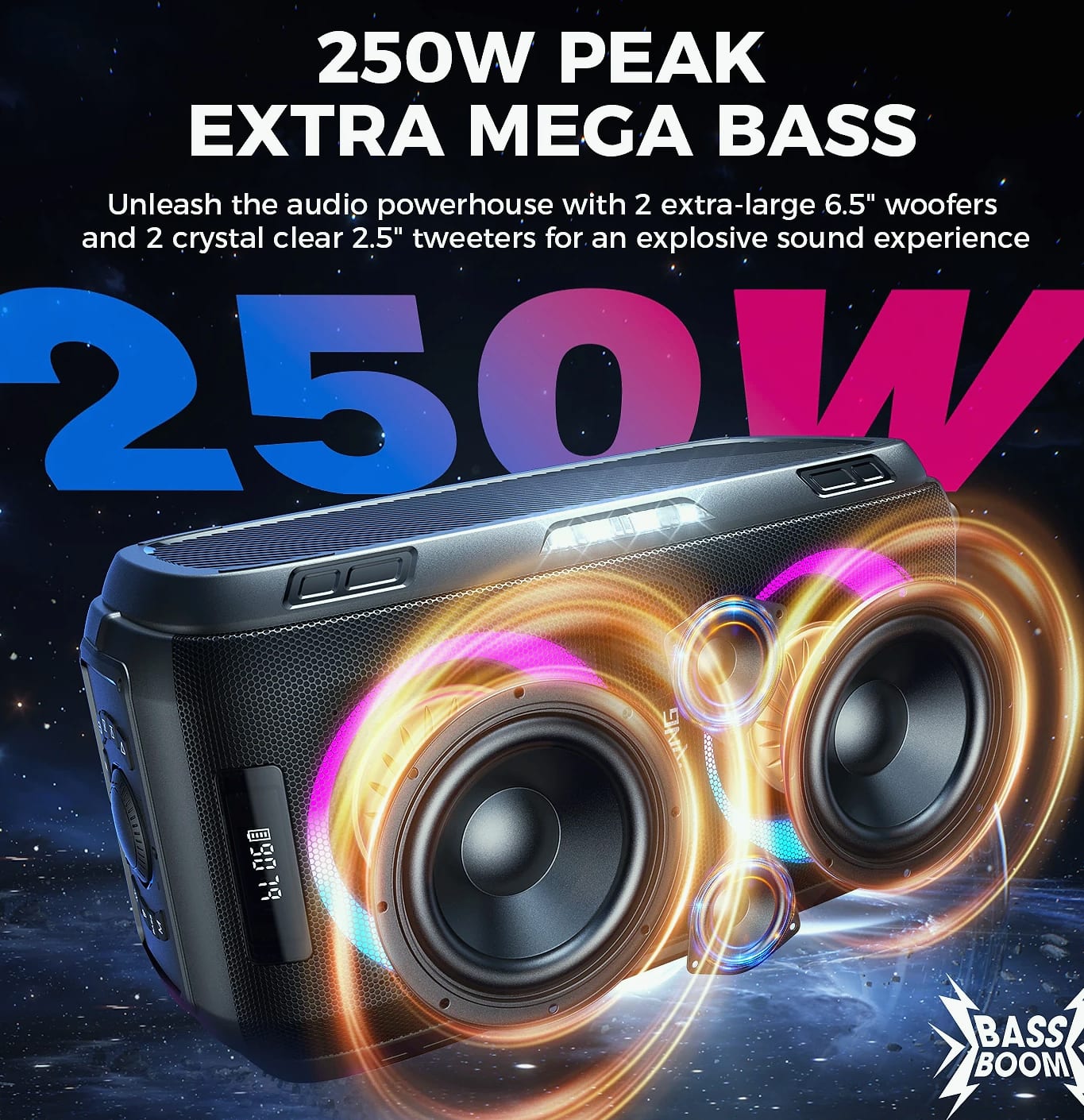 W-King 250W Peak Bluetooth Speaker with 120dB Bass — package contents