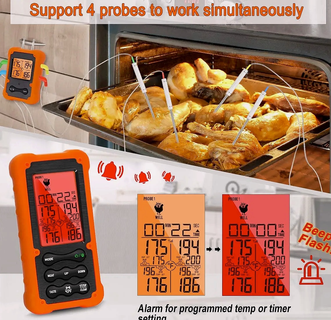 Digital Wireless Meat Thermometer with 4 Probes for Grilling — close-up details