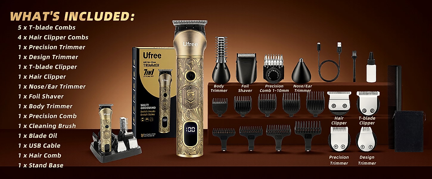 Ufree Cordless Beard Trimmer and Hair Clipper Grooming Kit — assembled view