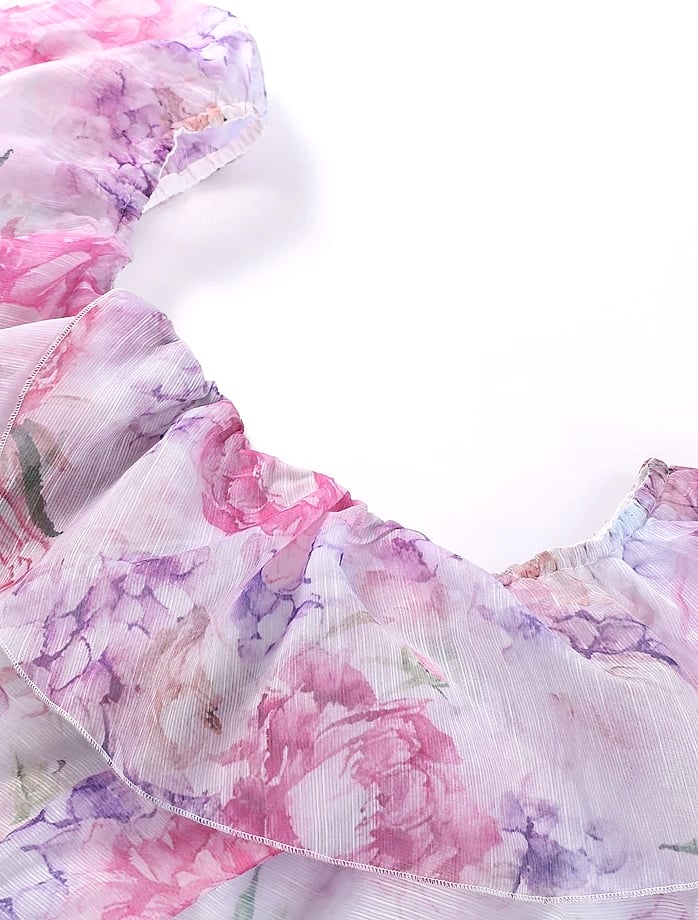 Chic Floral Printed Mini Dress Backless Sleeveless Hem — close-up details