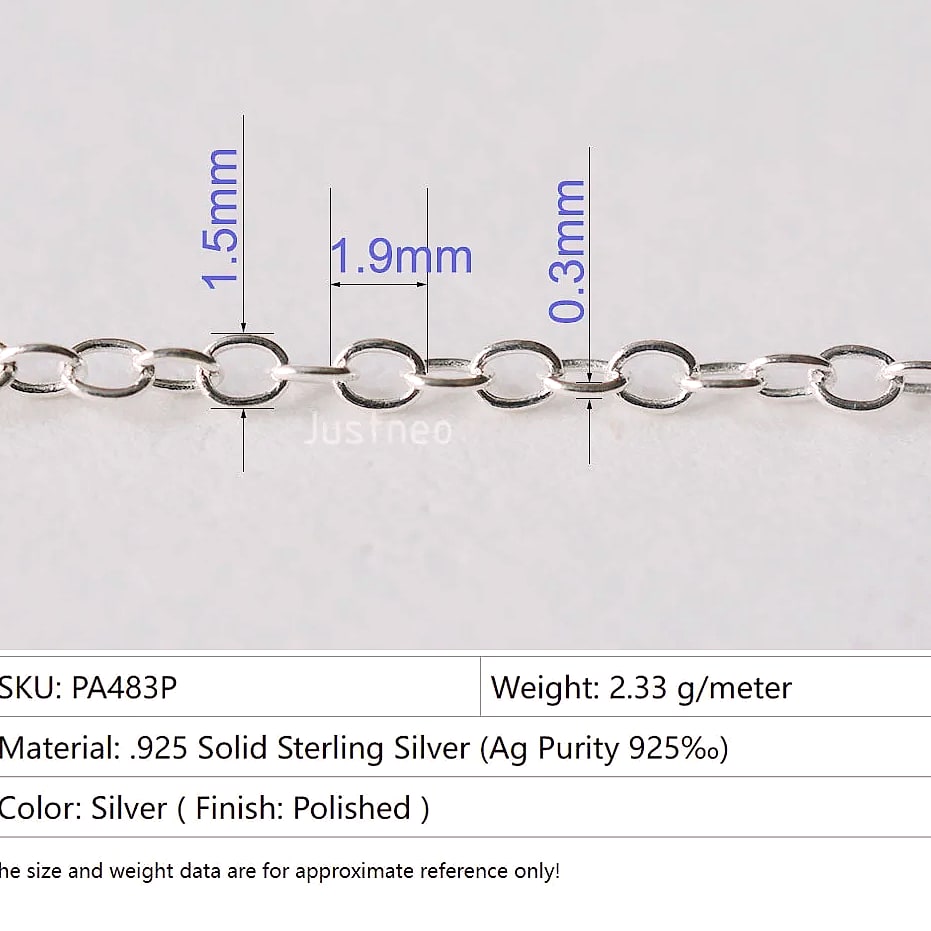 Justneo 925 Sterling Silver Oval Cable Chain 1 meter — package contents