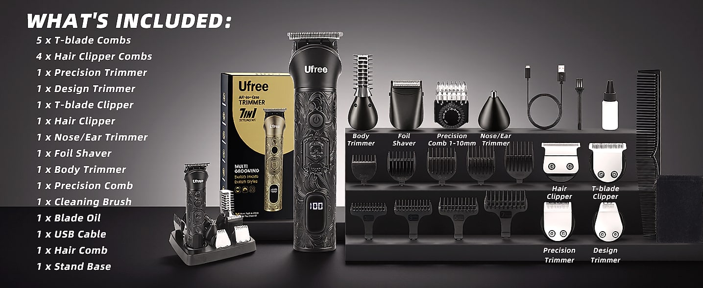 Ufree Cordless Beard Trimmer and Hair Clipper Grooming Kit — close-up details