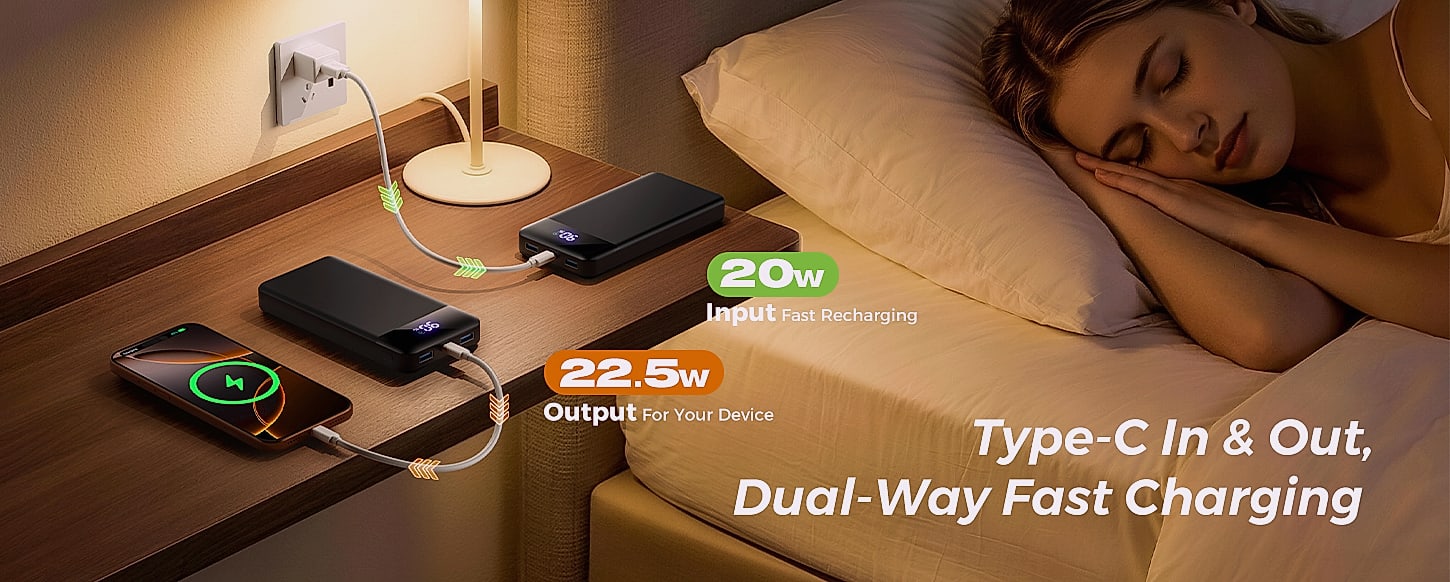 SABANI 35000mAh Power Bank with 4 Built-in Cables — close-up details