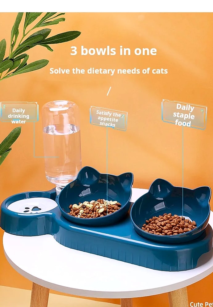 3-in-1 Tilted Cat Bowl Set with Gravity Water Feeder — close-up details