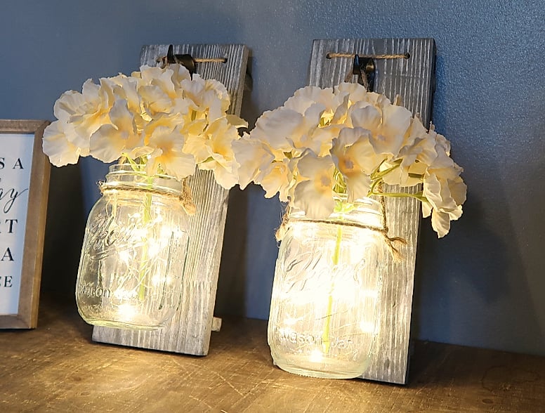Besuerte Rustic Wooden Wall Sconce with LED String Lights, — assembled view