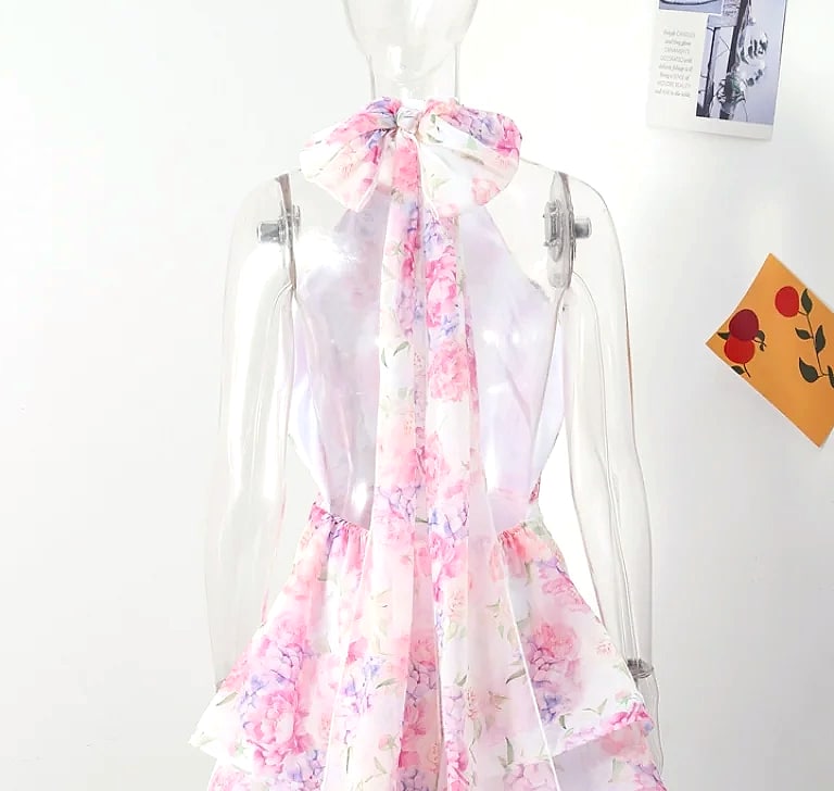 Chic Floral Printed Mini Dress Backless Sleeveless Hem — assembled view