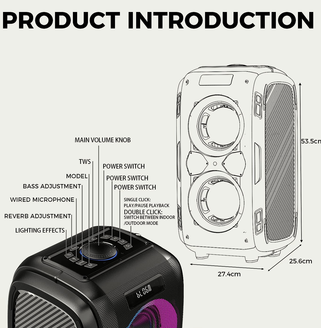 W-King 250W Peak Bluetooth Speaker with 120dB Bass — feature highlights
