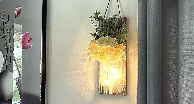 Besuerte Rustic Wooden Wall Sconce with LED String Lights, — side view