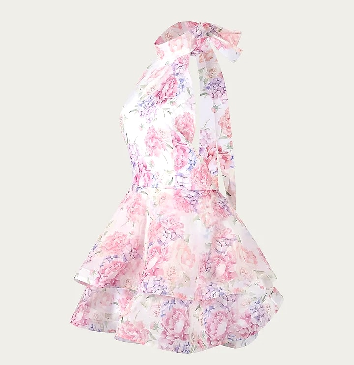 Chic Floral Printed Mini Dress Backless Sleeveless Hem — feature highlights