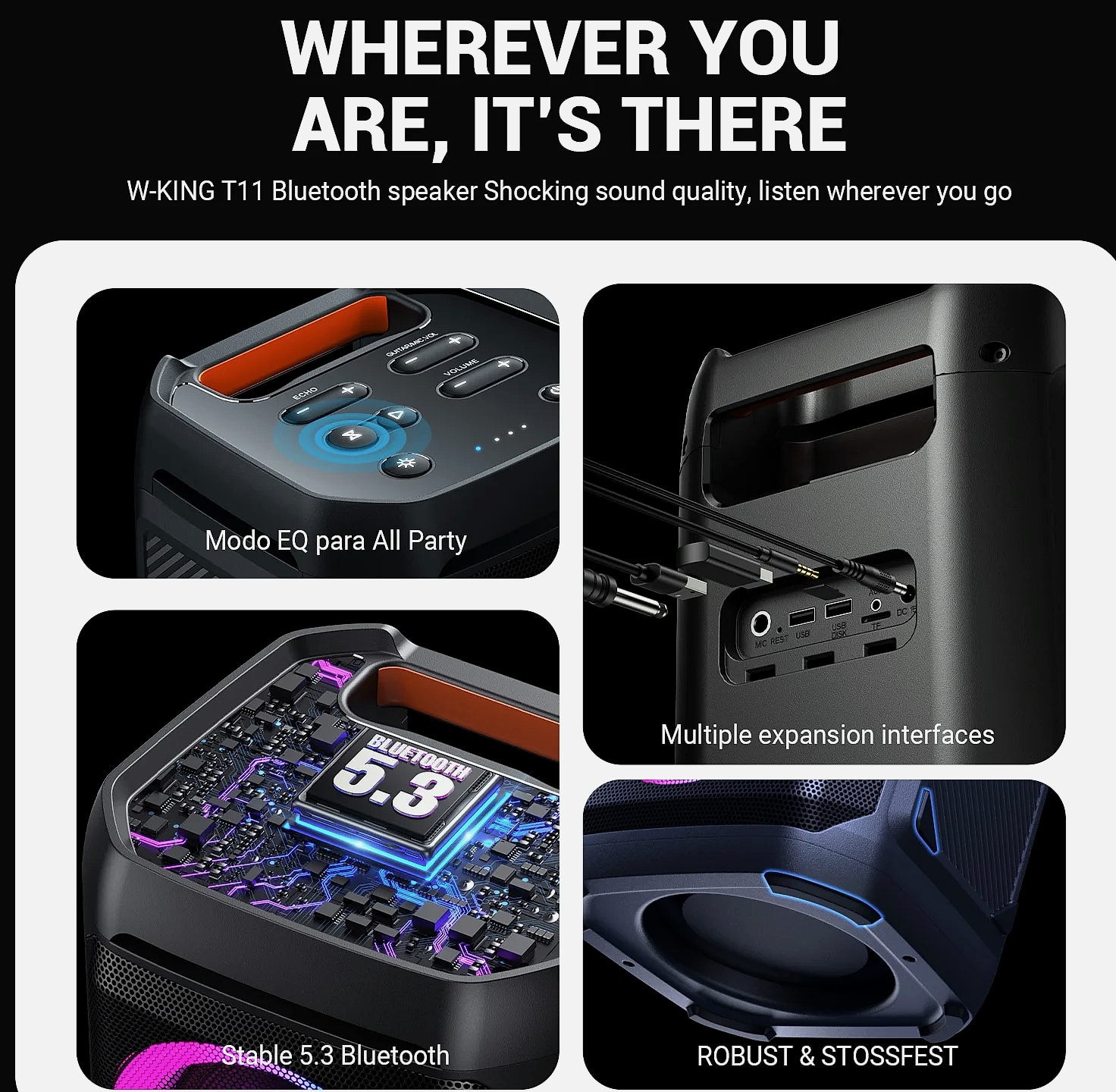 W-King T11 100W RMS Bluetooth Speaker, IPX6 Waterproof — feature highlights