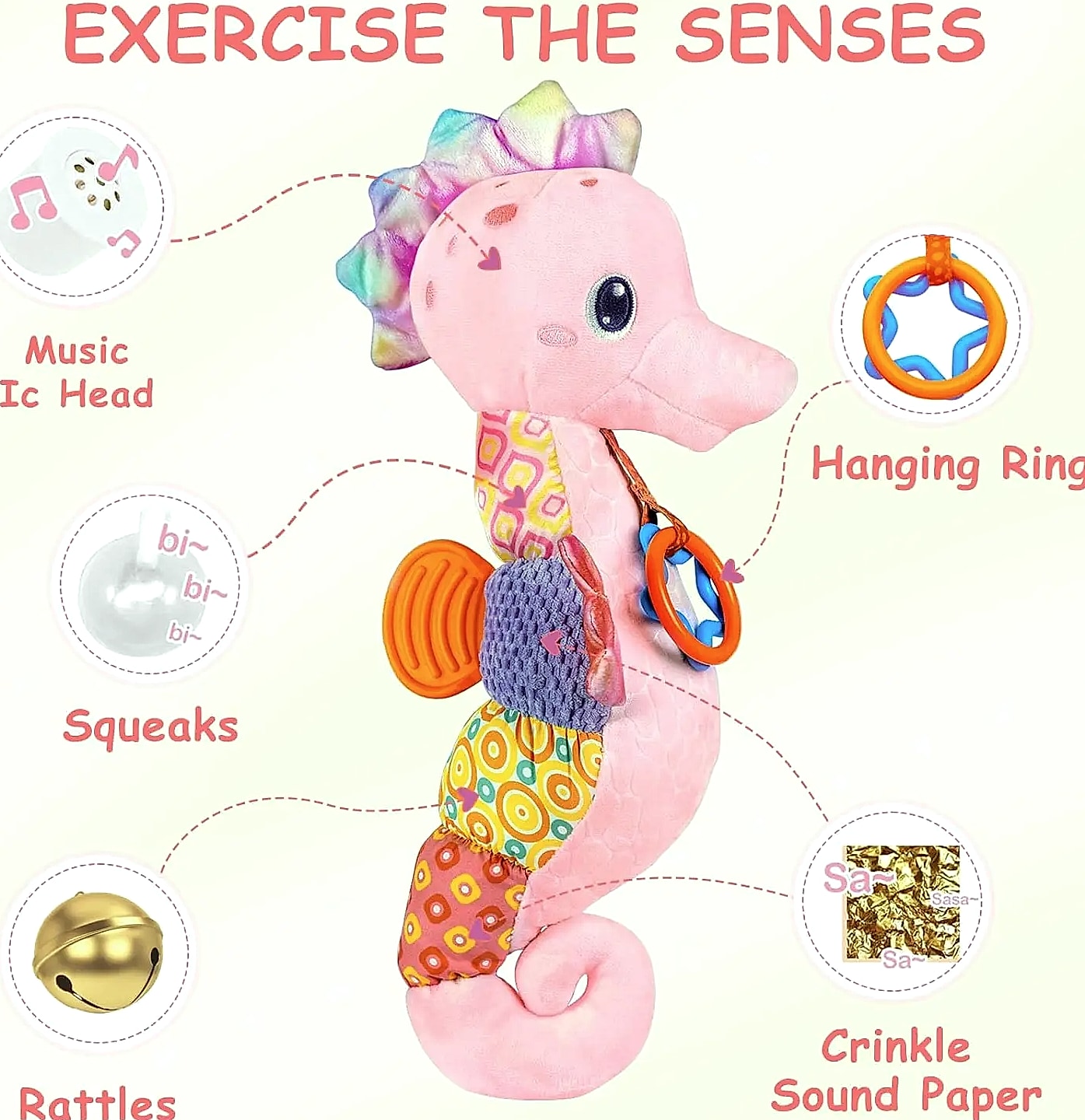 ASWJ Baby Seahorse Musical Rattle Soft Toy for Infants — close-up details