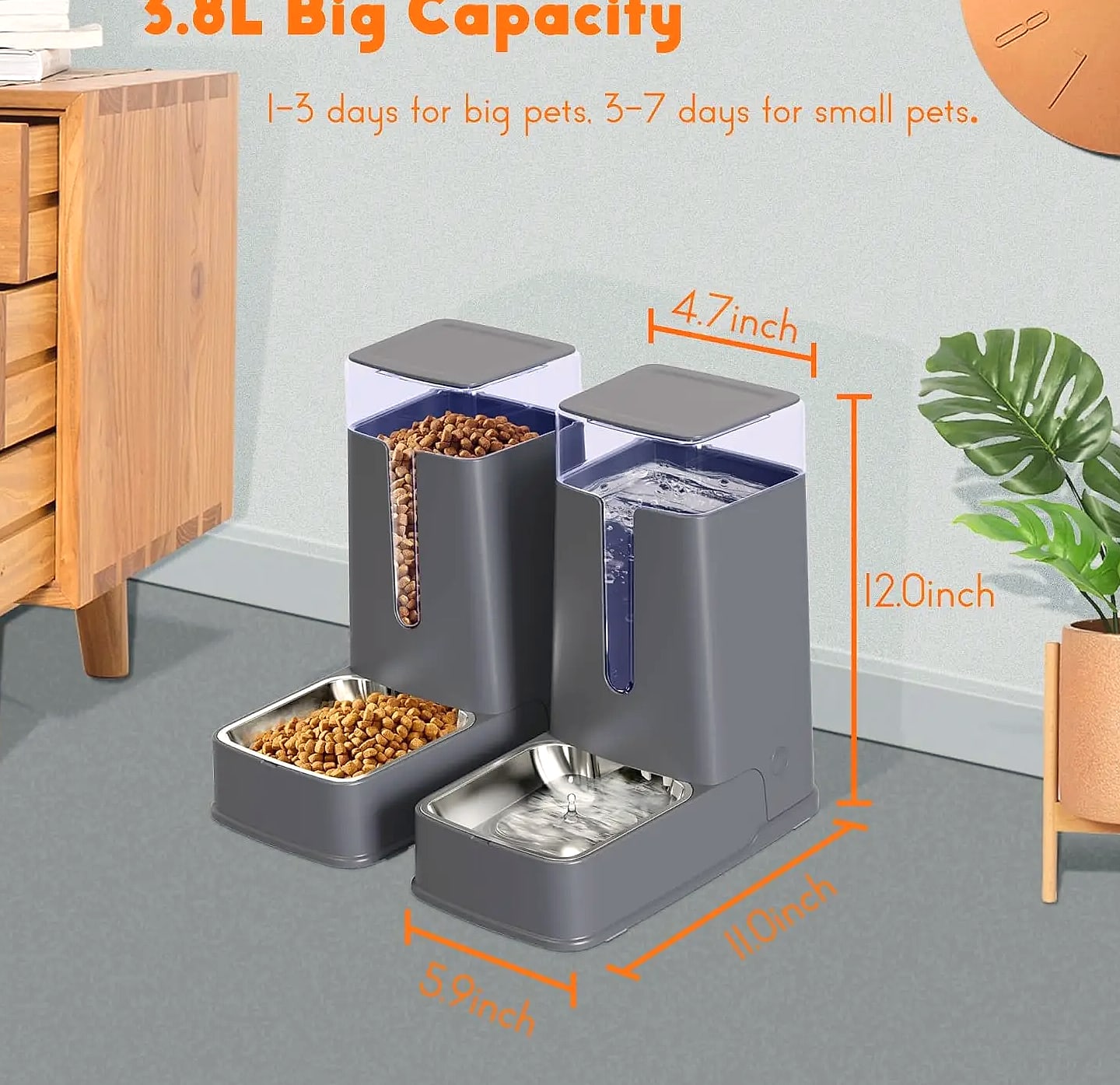 Automatic Pet Feeder and Water Dispenser Set with Stainless — assembled view